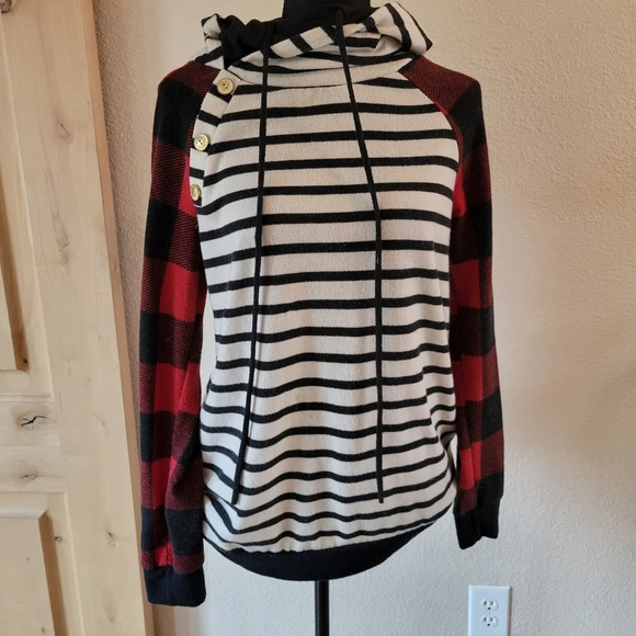 WHITE BIRCH Double Hood Stripe Plaid Hoodie Sweater SIZE Small - Picture 3 of 9